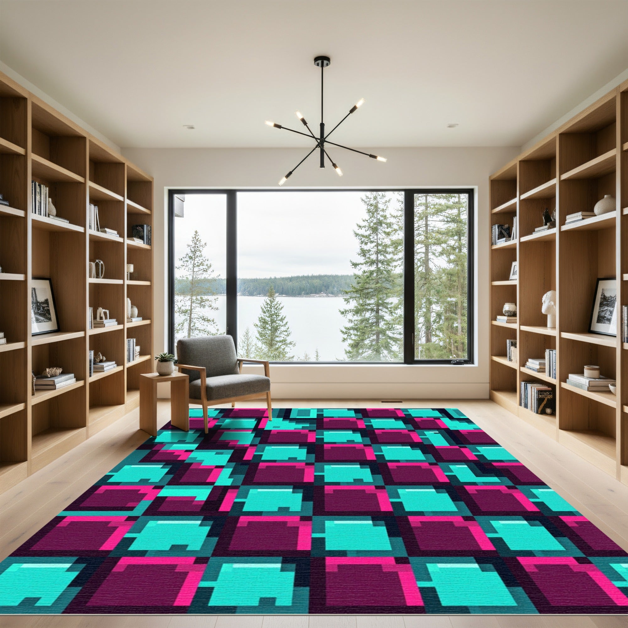 Neon Magenta Electric Teal Pixel Grid Rug