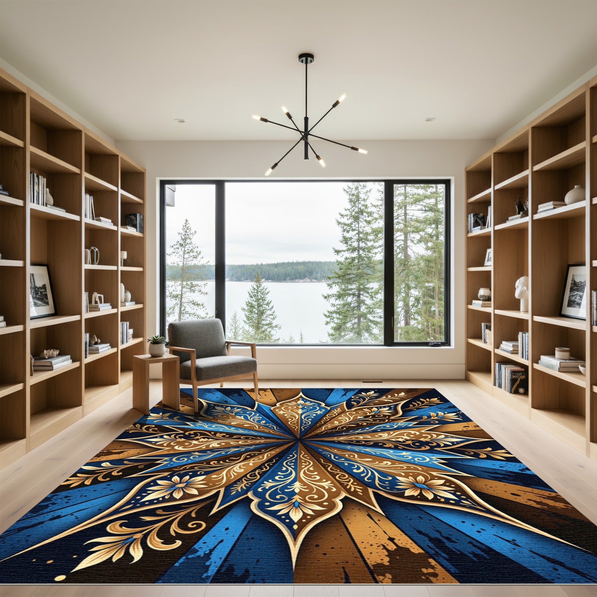 Intricate Blue Gold Floral Mandala Rug