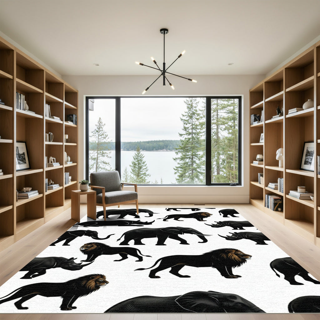 Monochrome African Wildlife Animal Silhouette Rug