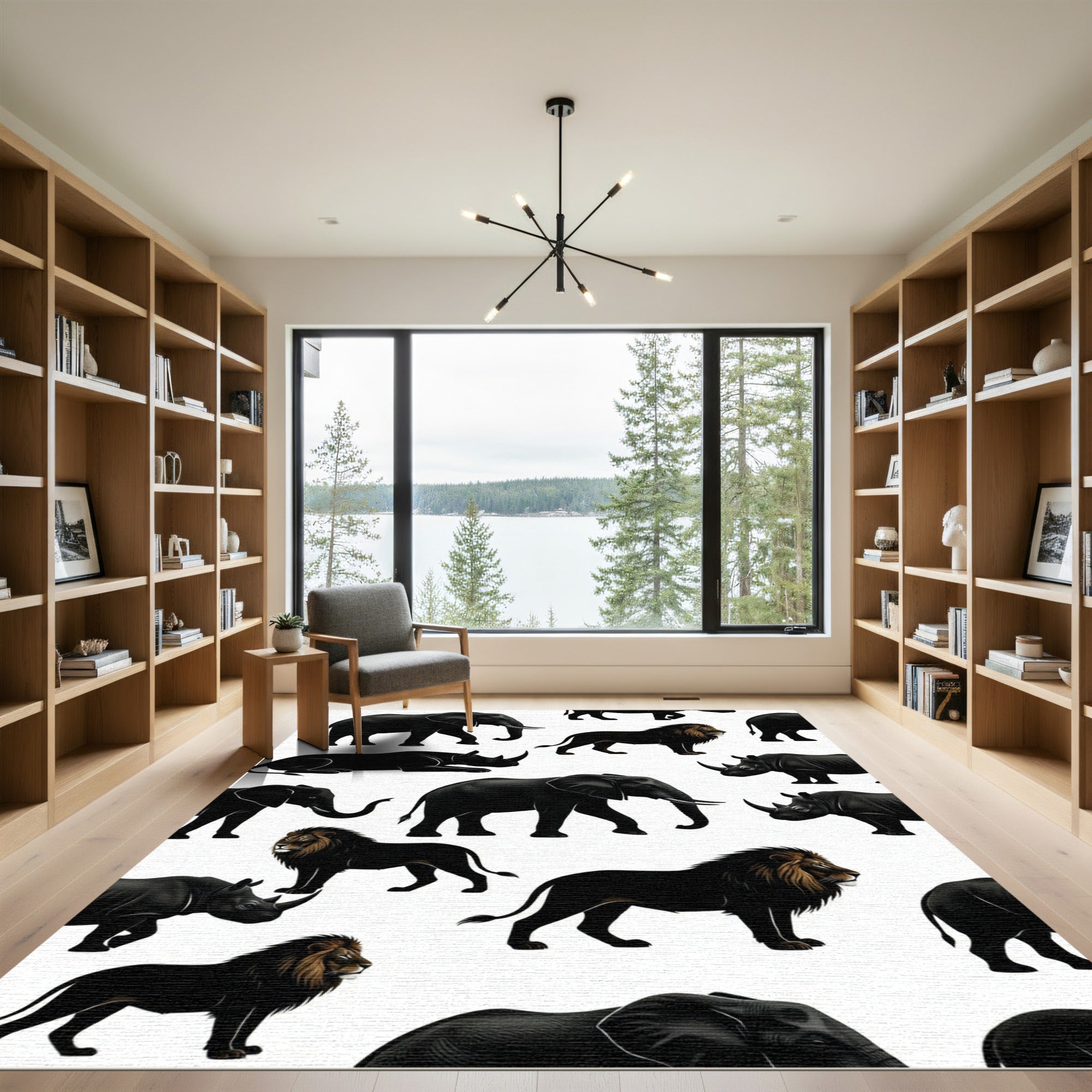 Monochrome African Wildlife Animal Silhouette Rug