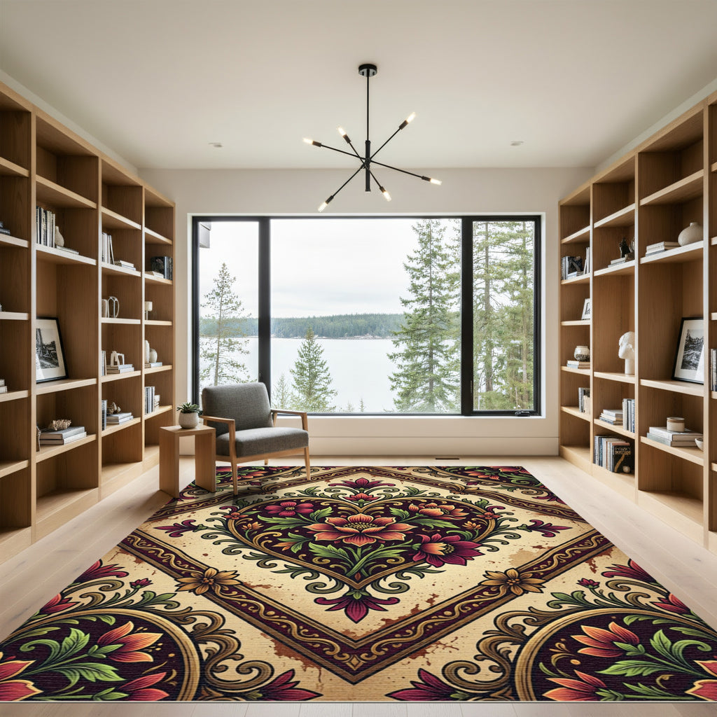 Crimson Laurel Heart Floral Medallion Rug