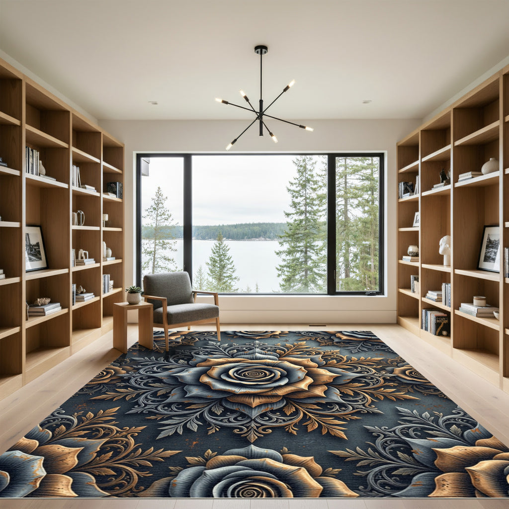 Metallic Gold and Slate Rose Medallion Rug