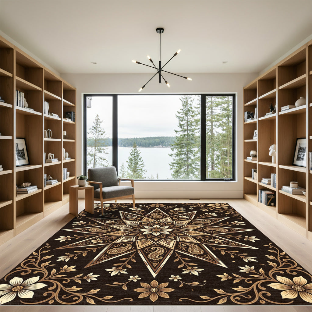 Ornate Starry Floral Sepia Mandala Rug