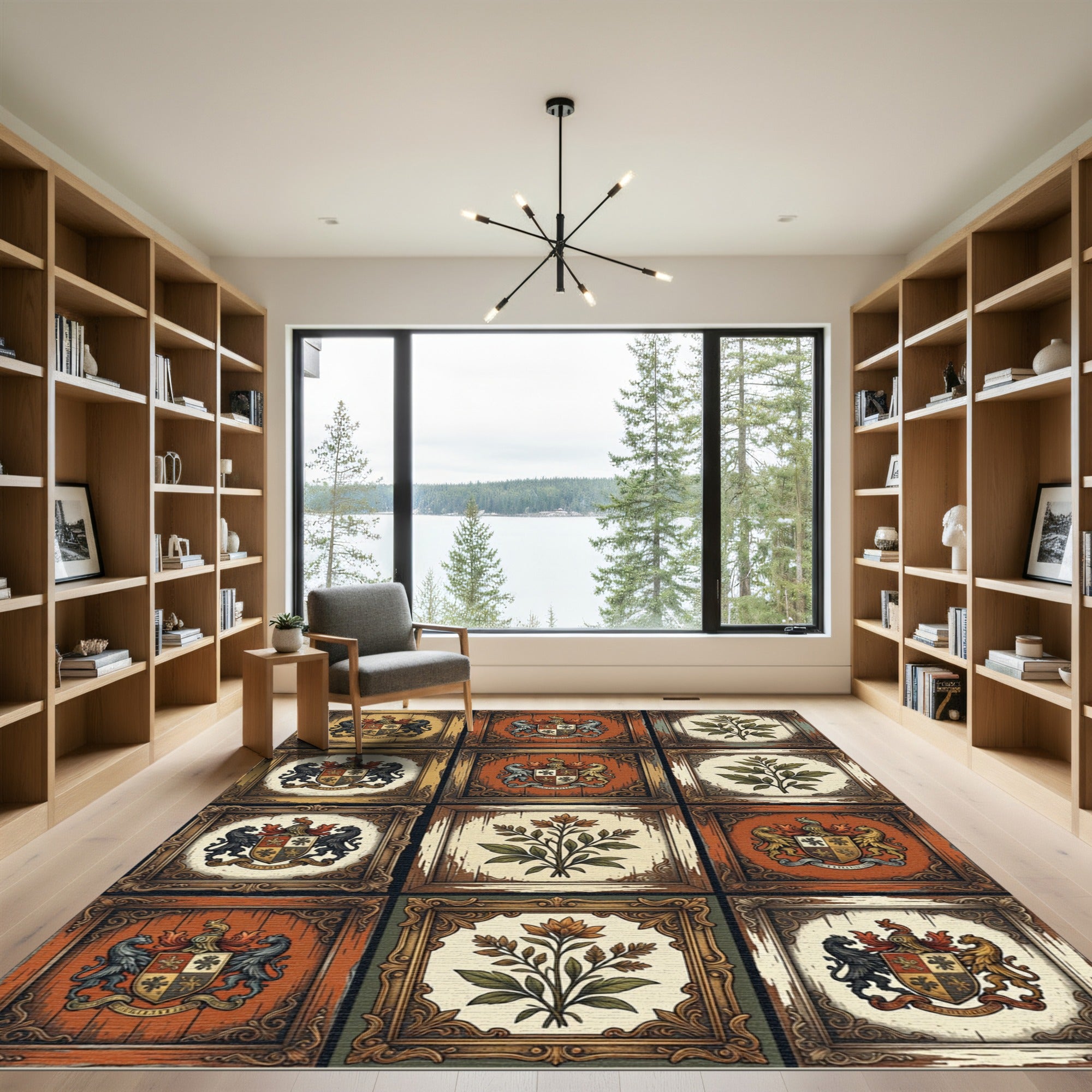 Ornate Heraldic Crest Earthy Tone Tile Rug