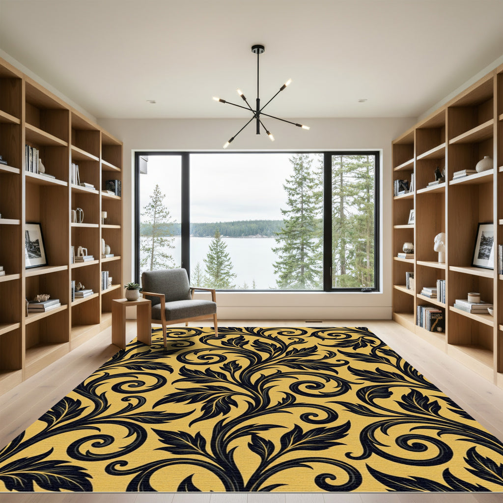 Dark Swirling Floral Vines Yellow Background Rug