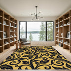 Dark Swirling Floral Vines Yellow Background Rug