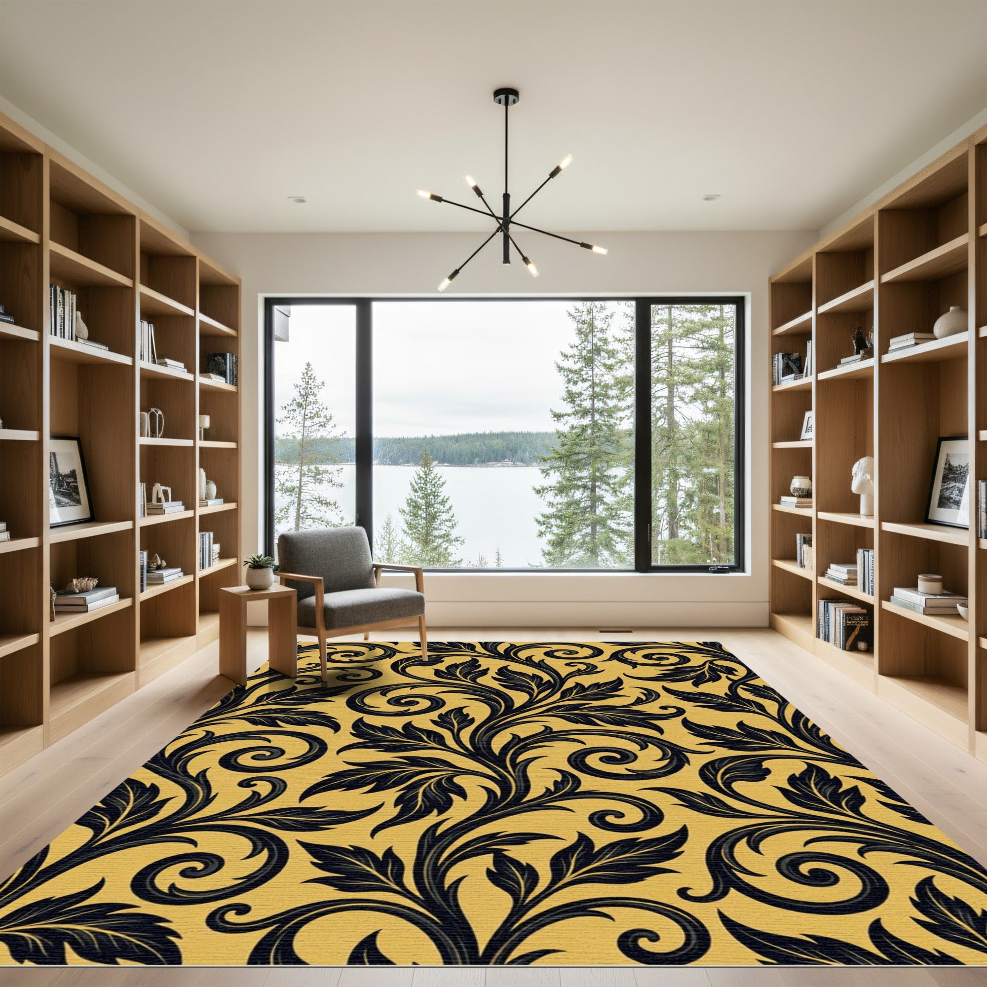 Dark Swirling Floral Vines Yellow Background Rug