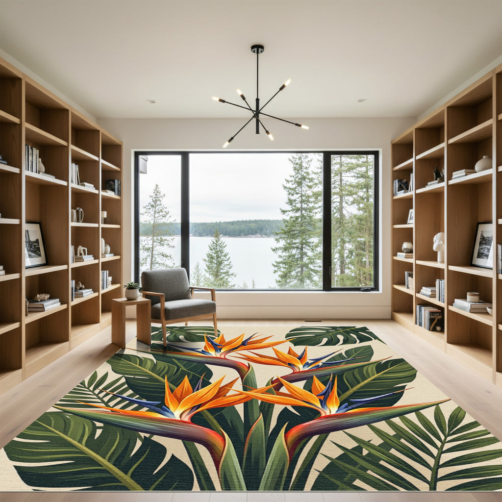 Vibrant Bird of Paradise Tropical Leaves Rug
