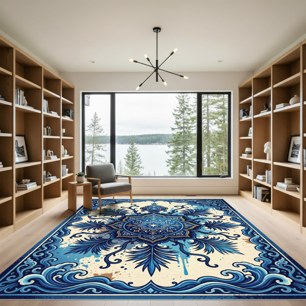 Ornate Azure Floral Medallion Swirl Rug