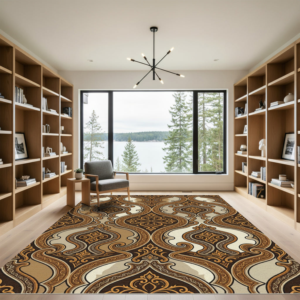 Elegant Bronze Damask Scroll Medallion Rug