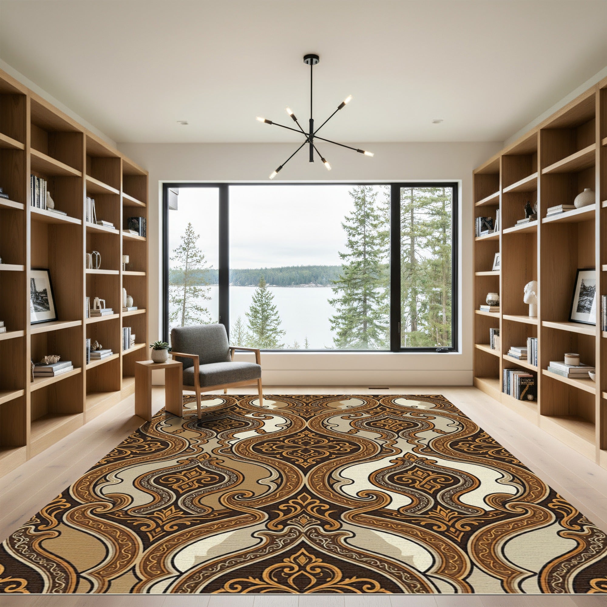 Elegant Bronze Damask Scroll Medallion Rug