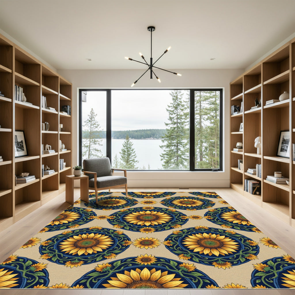 Golden Sunflower Medallion on Navy Rug