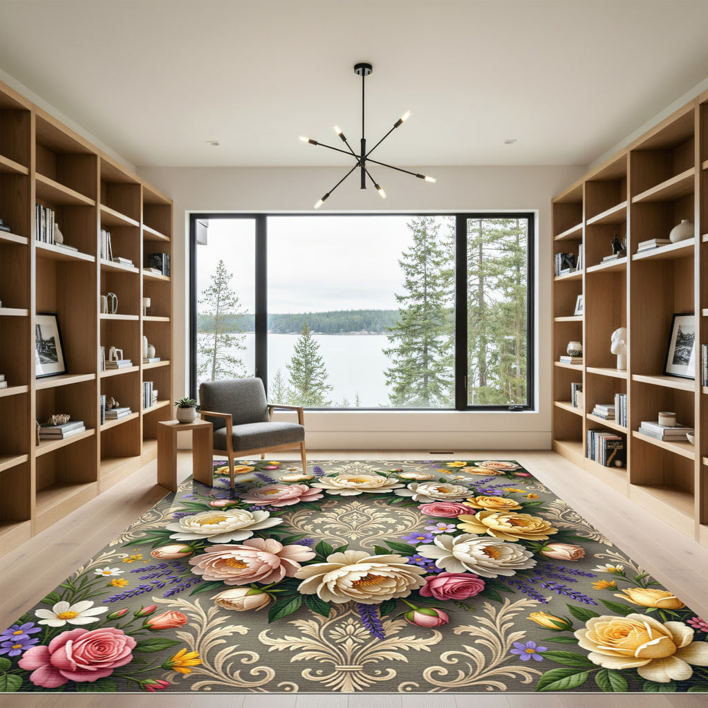 Elegant Floral Bouquet Damask Wreath Rug