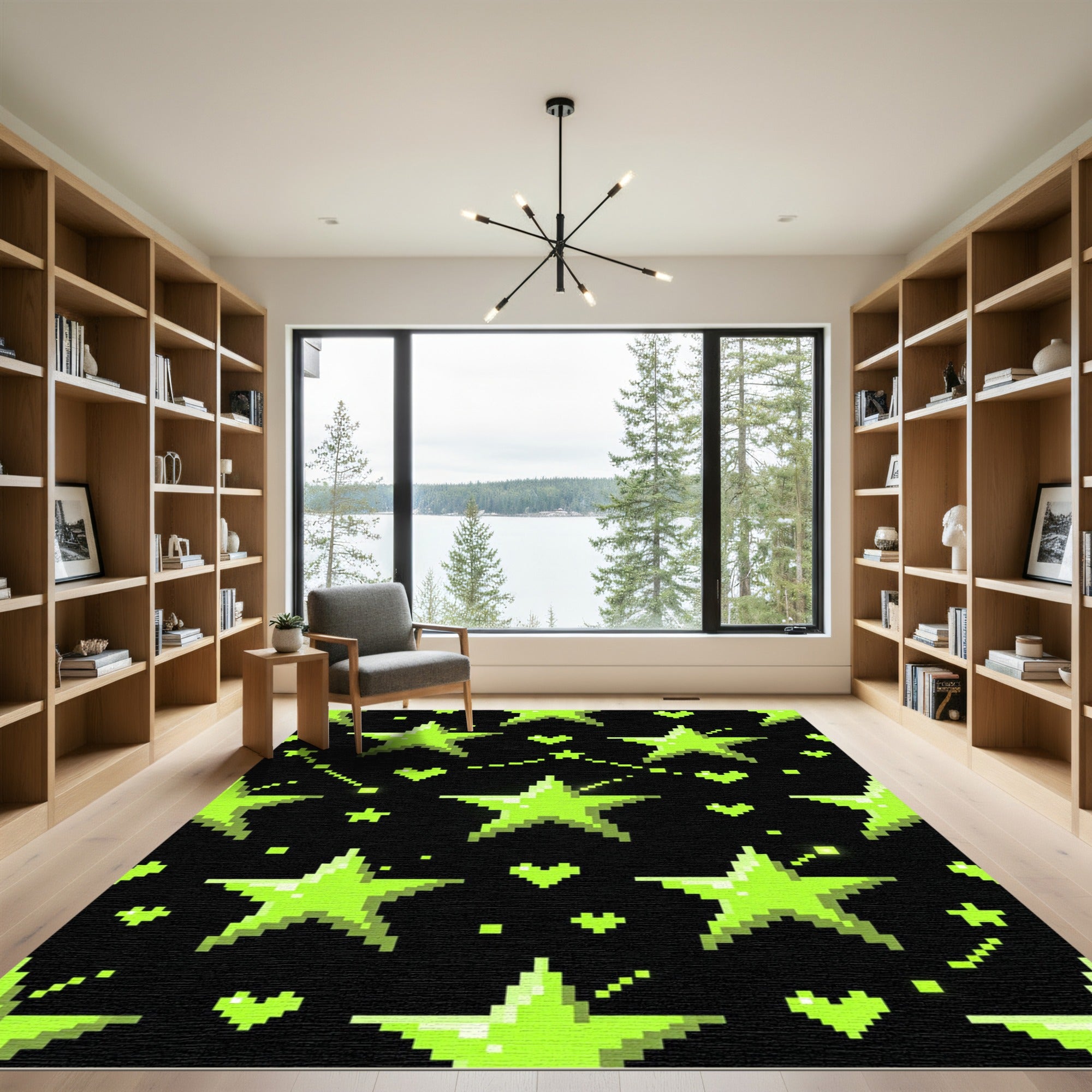 Neon Green Pixel Star Galaxy Rug