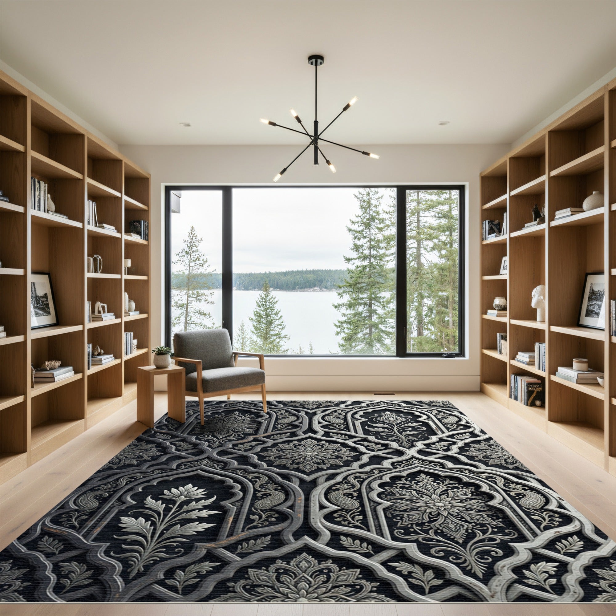 Elegant Silver Arabesque Floral Overlay Rug