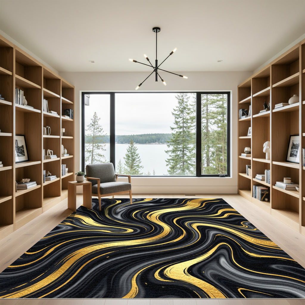Luxury Black and Gold Swirling Marble Rug