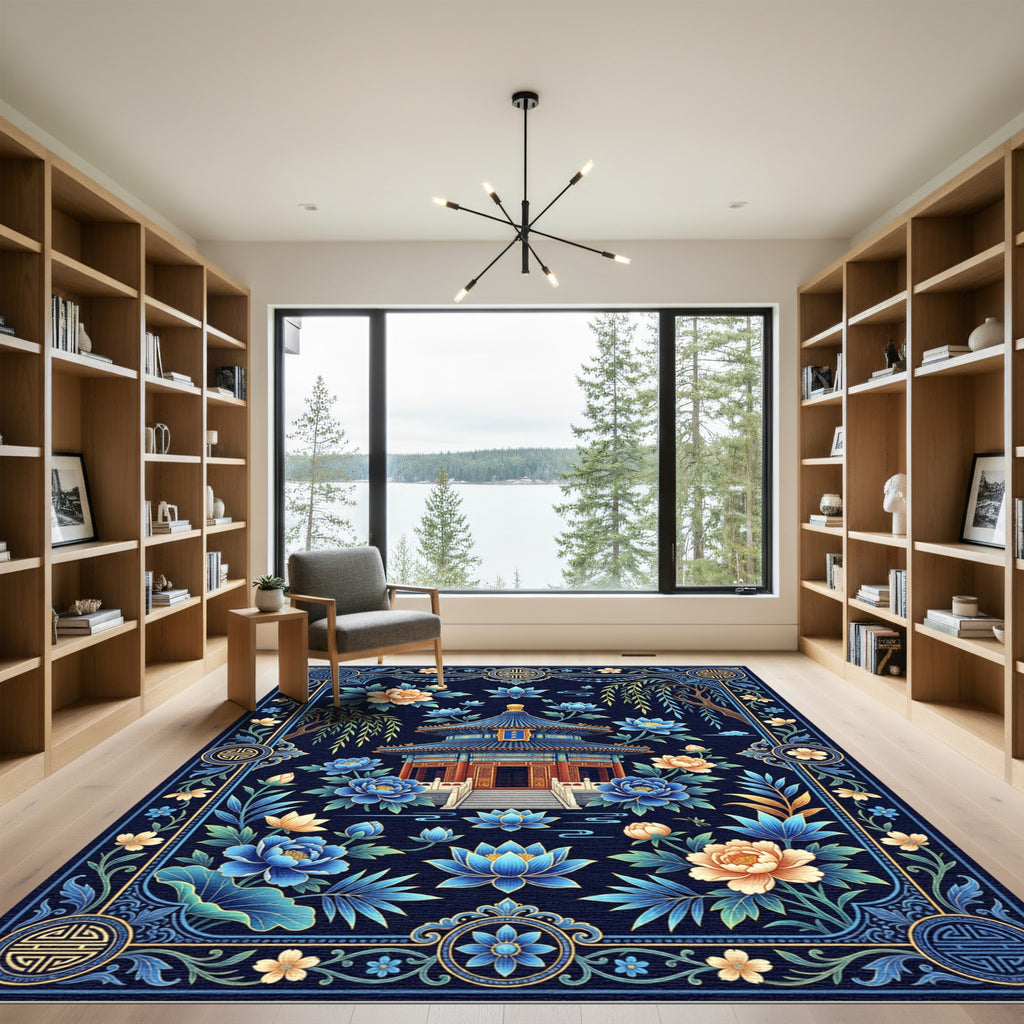 Imperial Blue Pagoda Floral Arrangement Rug