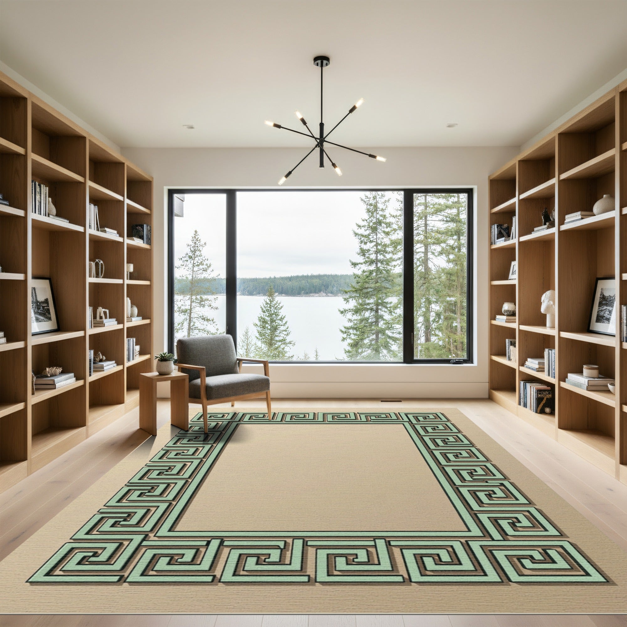 Green Geometric Greek Key Frame Rug