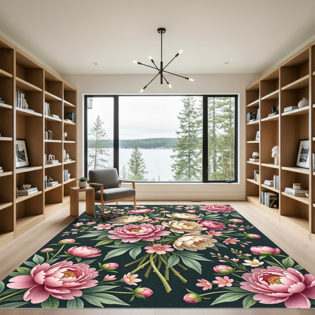Elegant Pink Peony Botanical Bouquet Rug
