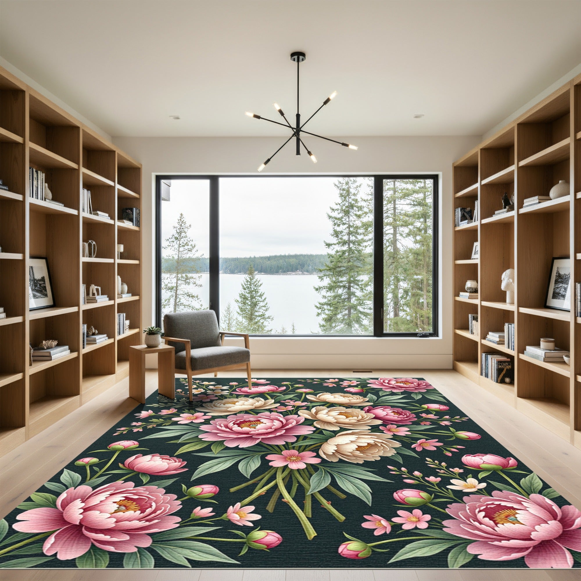 Elegant Pink Peony Botanical Bouquet Rug