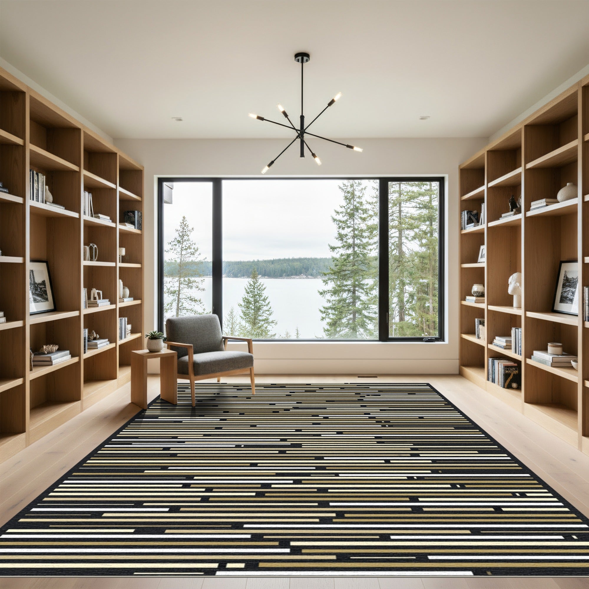 Modern Black And Gold Horizontal Lines Rug