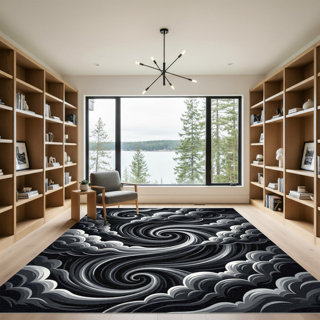 Dramatic Black Swirling Cloudscape Rug