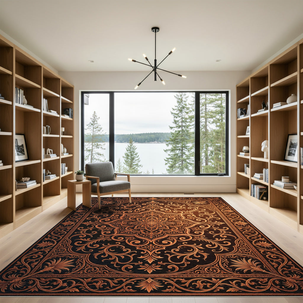 Ornate Golden Filigree Floral Medallion Rug