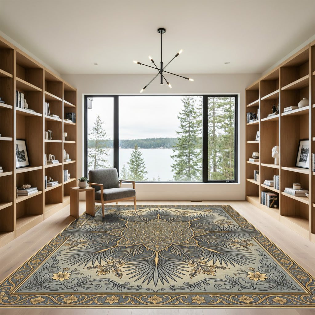 Ornate Gold and Gray Floral Medallion Rug