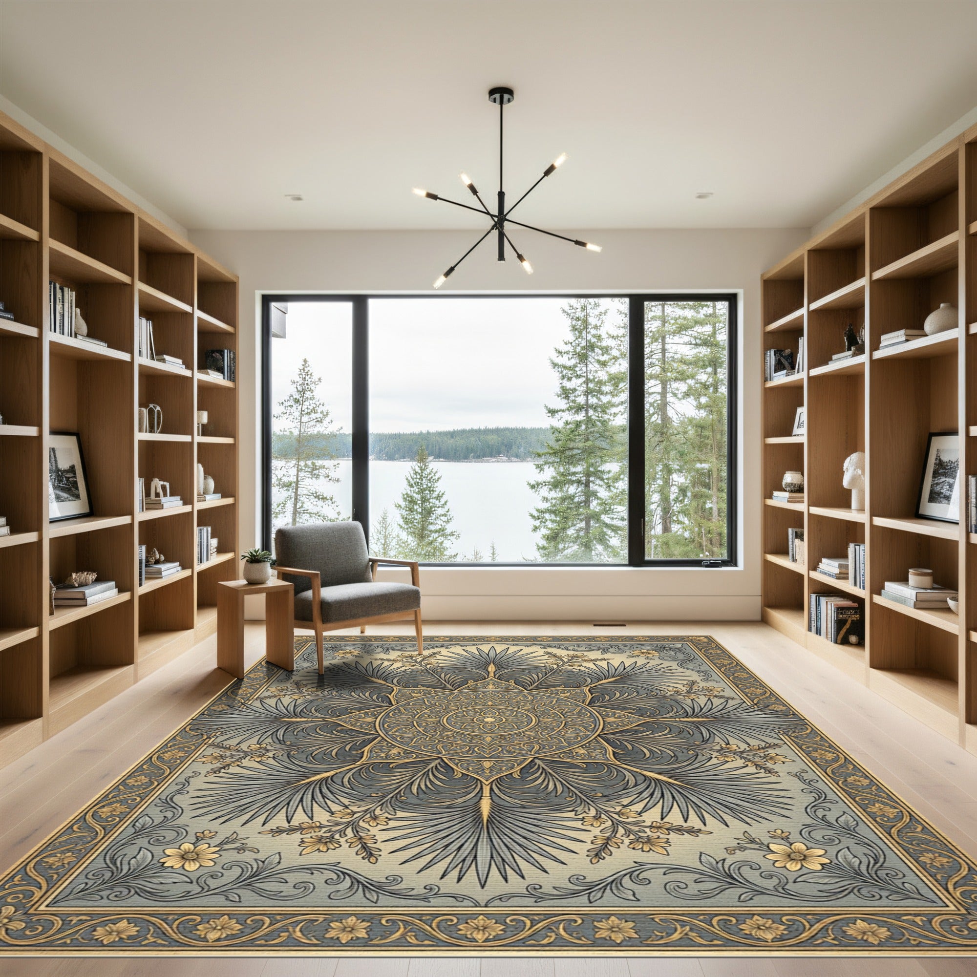 Ornate Gold and Gray Floral Medallion Rug