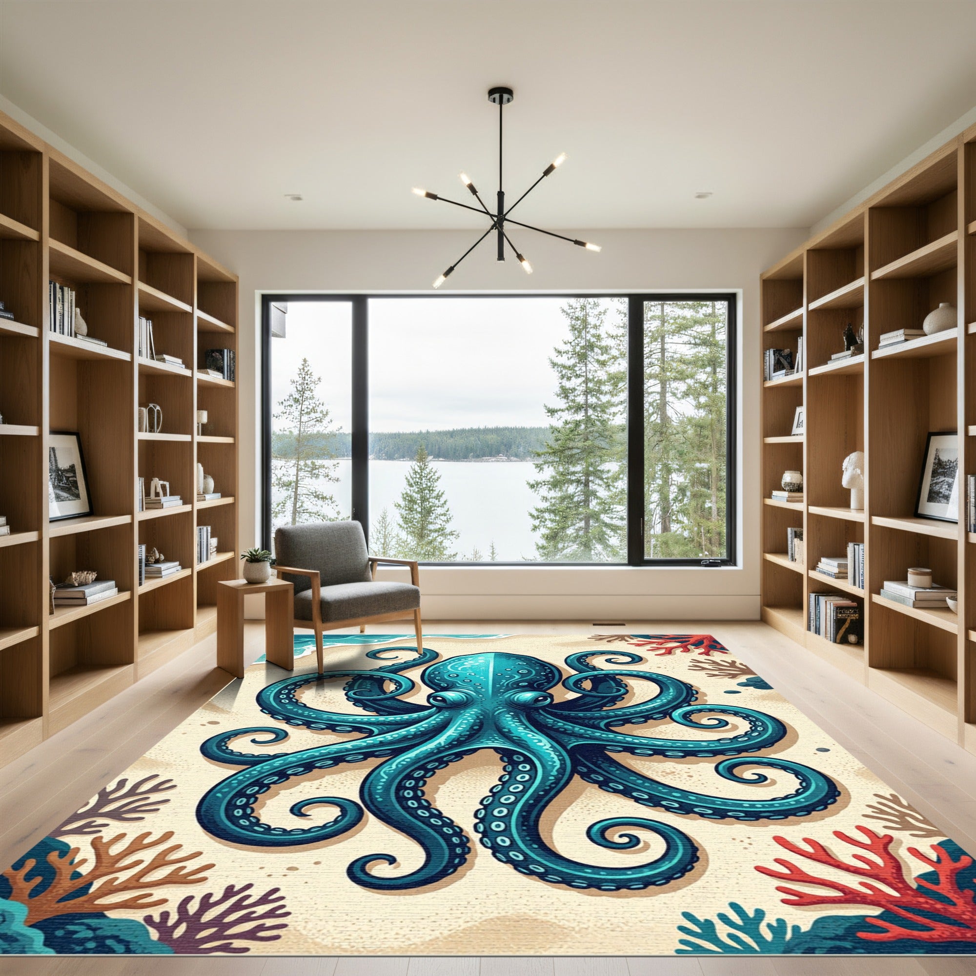 Vibrant Teal Octopus Coastal Coral Rug