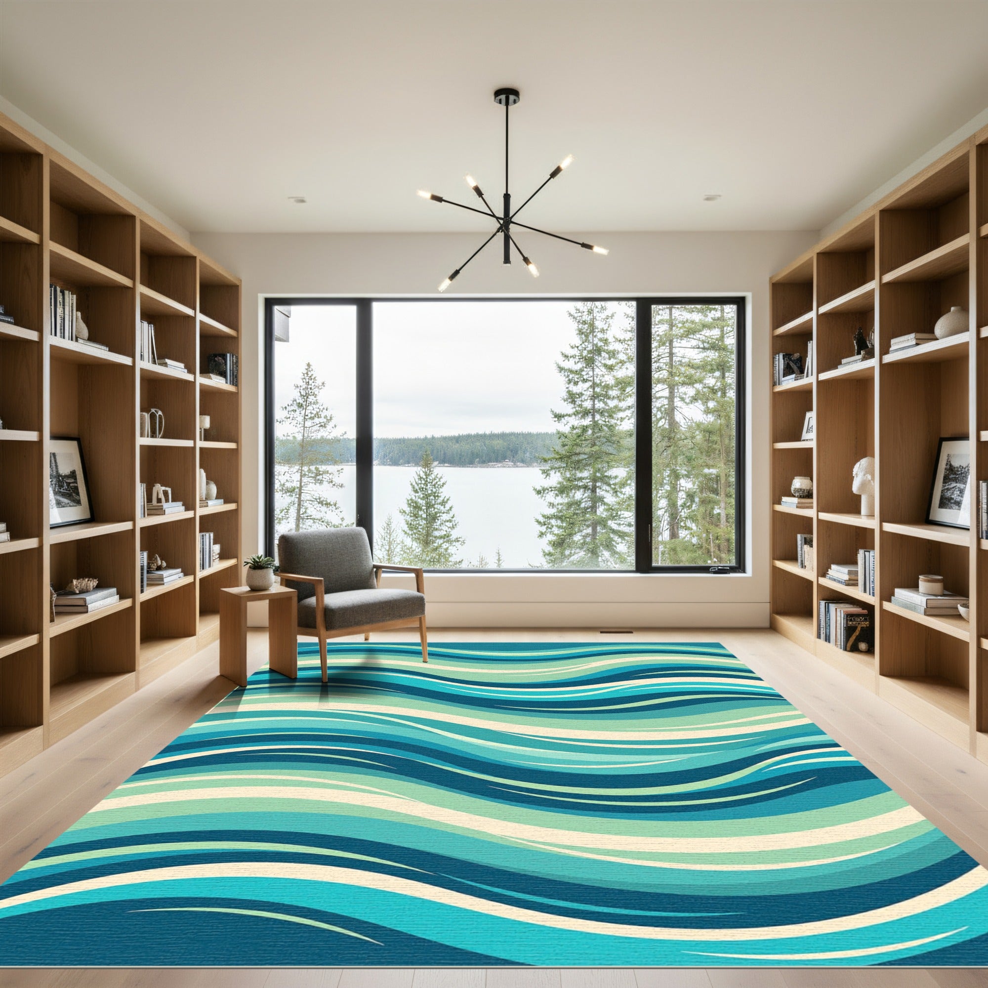 Serene Blue Wavy Coastal Layered Abstract Rug