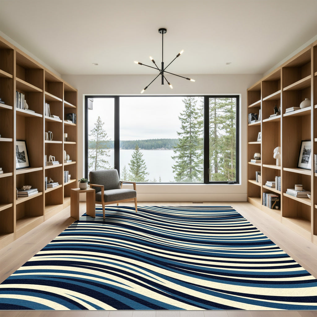 Modern Navy and Cream Wavy Lines Rug