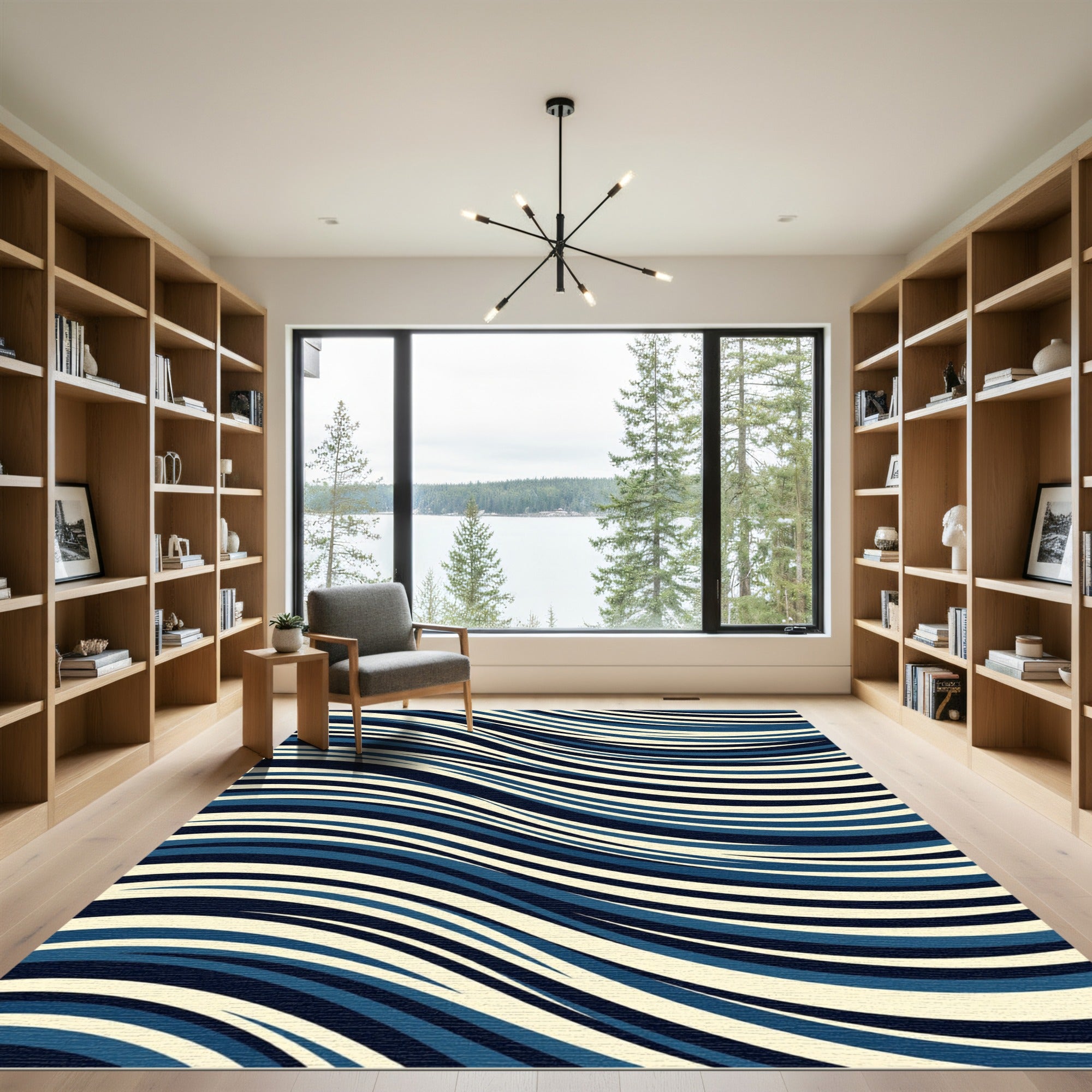 Modern Navy and Cream Wavy Lines Rug