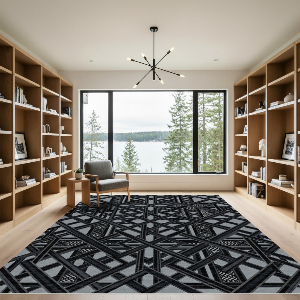 Modern Geometric Monochrome Art Deco Grid Rug