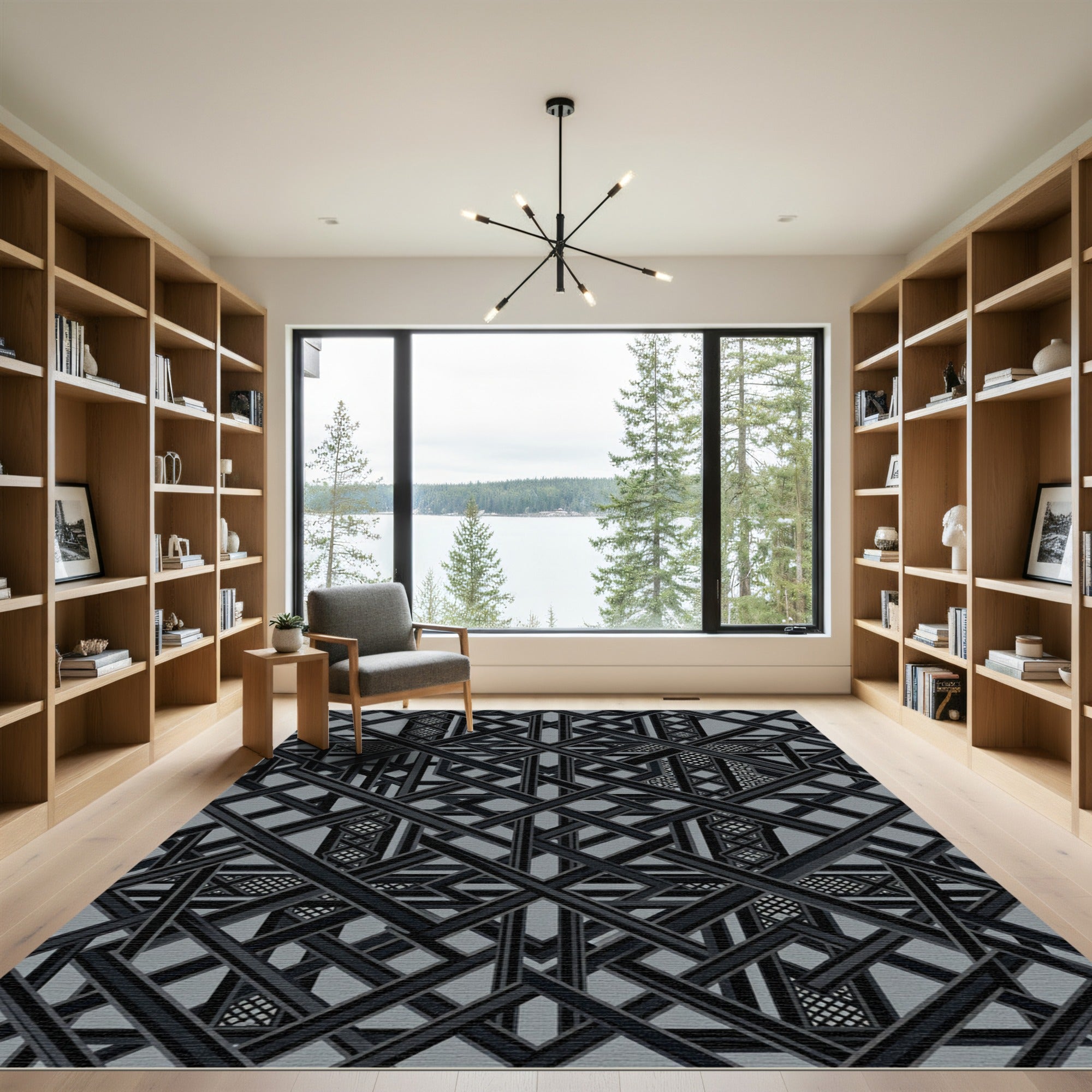 Modern Geometric Monochrome Art Deco Grid Rug