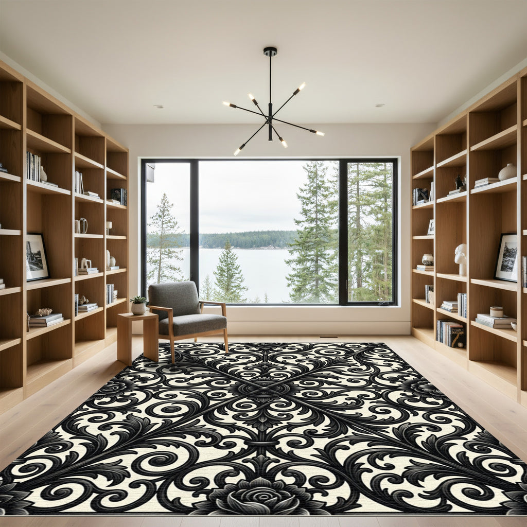 Ornate Black Floral Scrollwork Rug