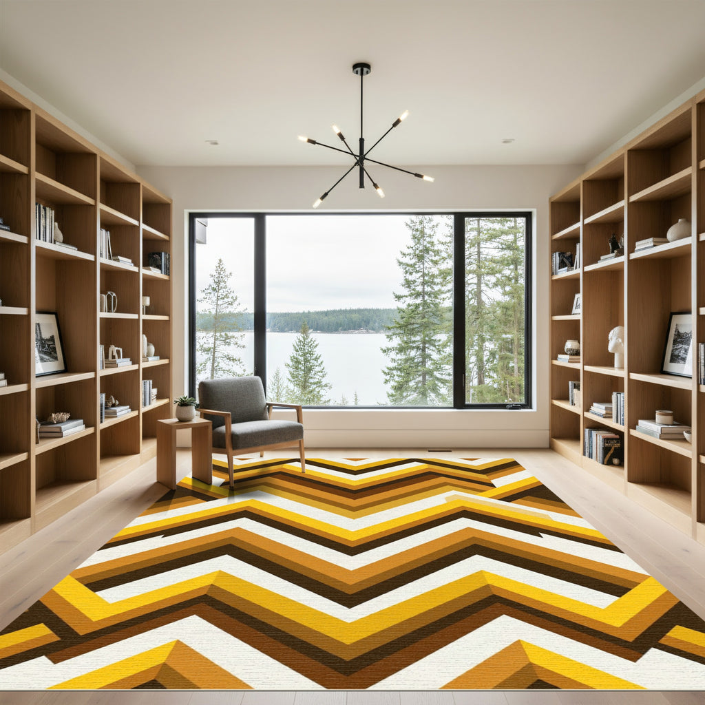 Golden Chevron Retro Geometric Rug