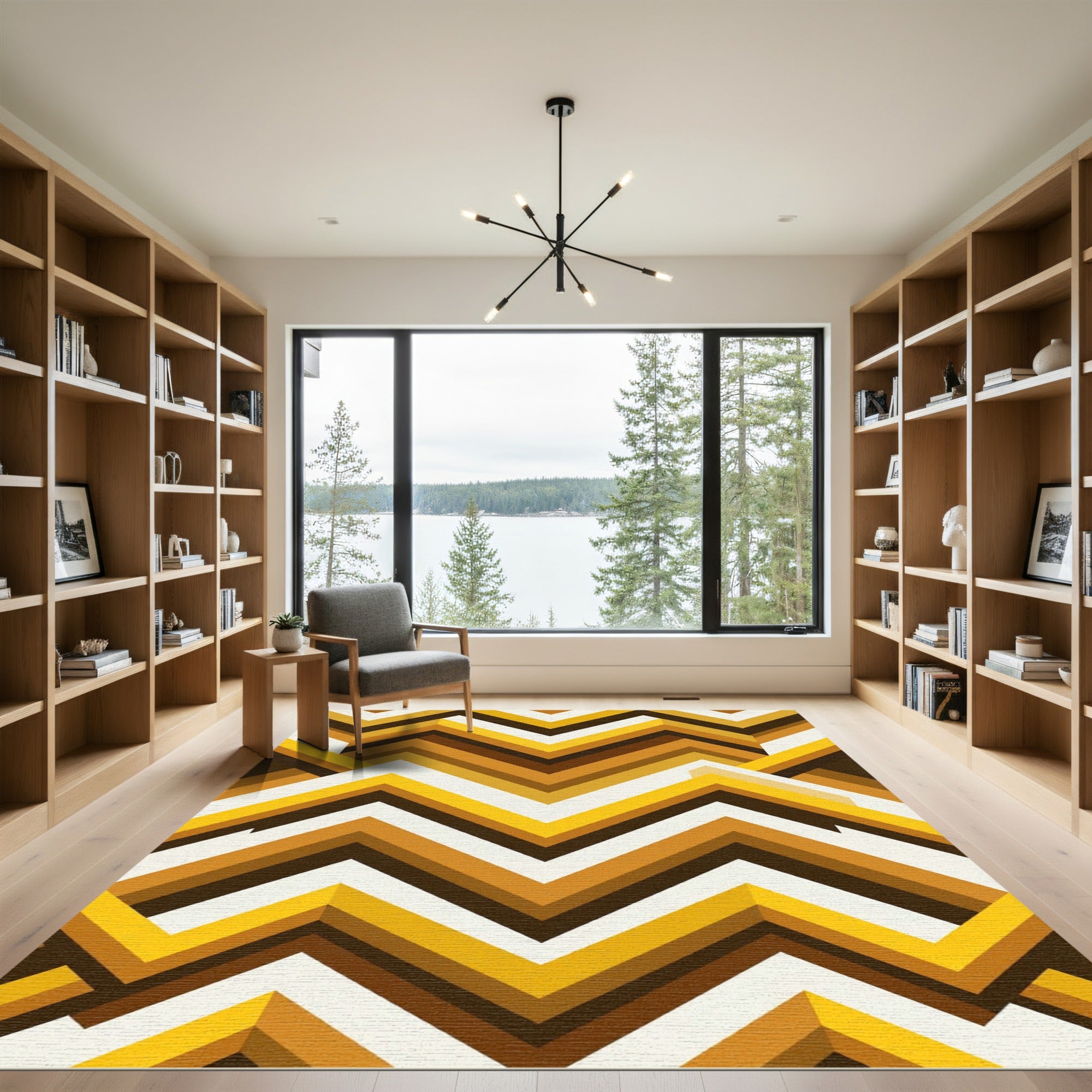 Golden Chevron Retro Geometric Rug