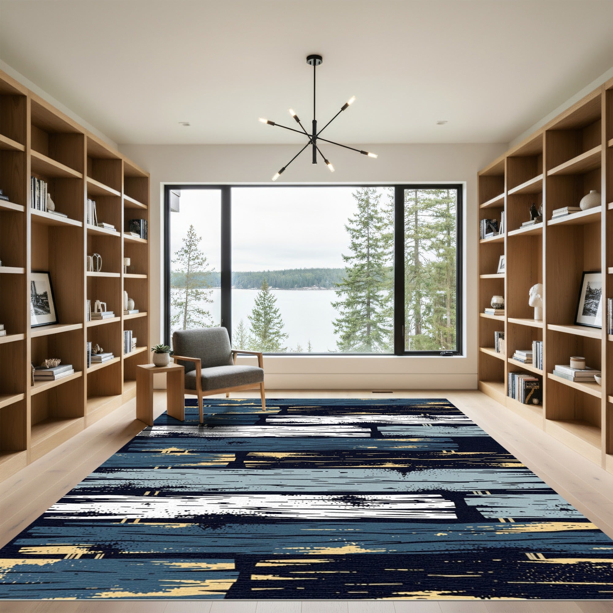 Textured Blue and Cream Slatted Planks Rug