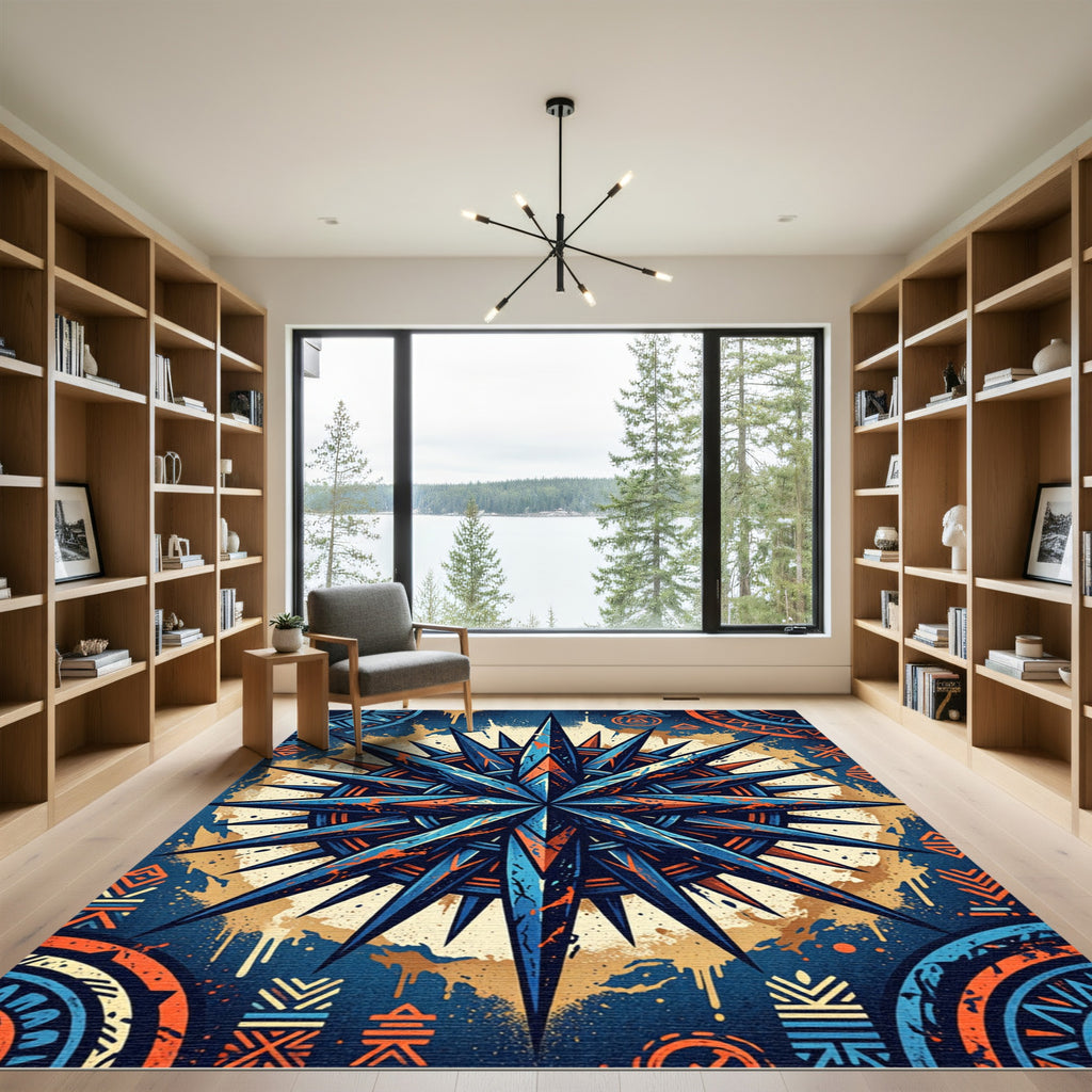 Celestial Navy and Amber Compass Graphic Rug
