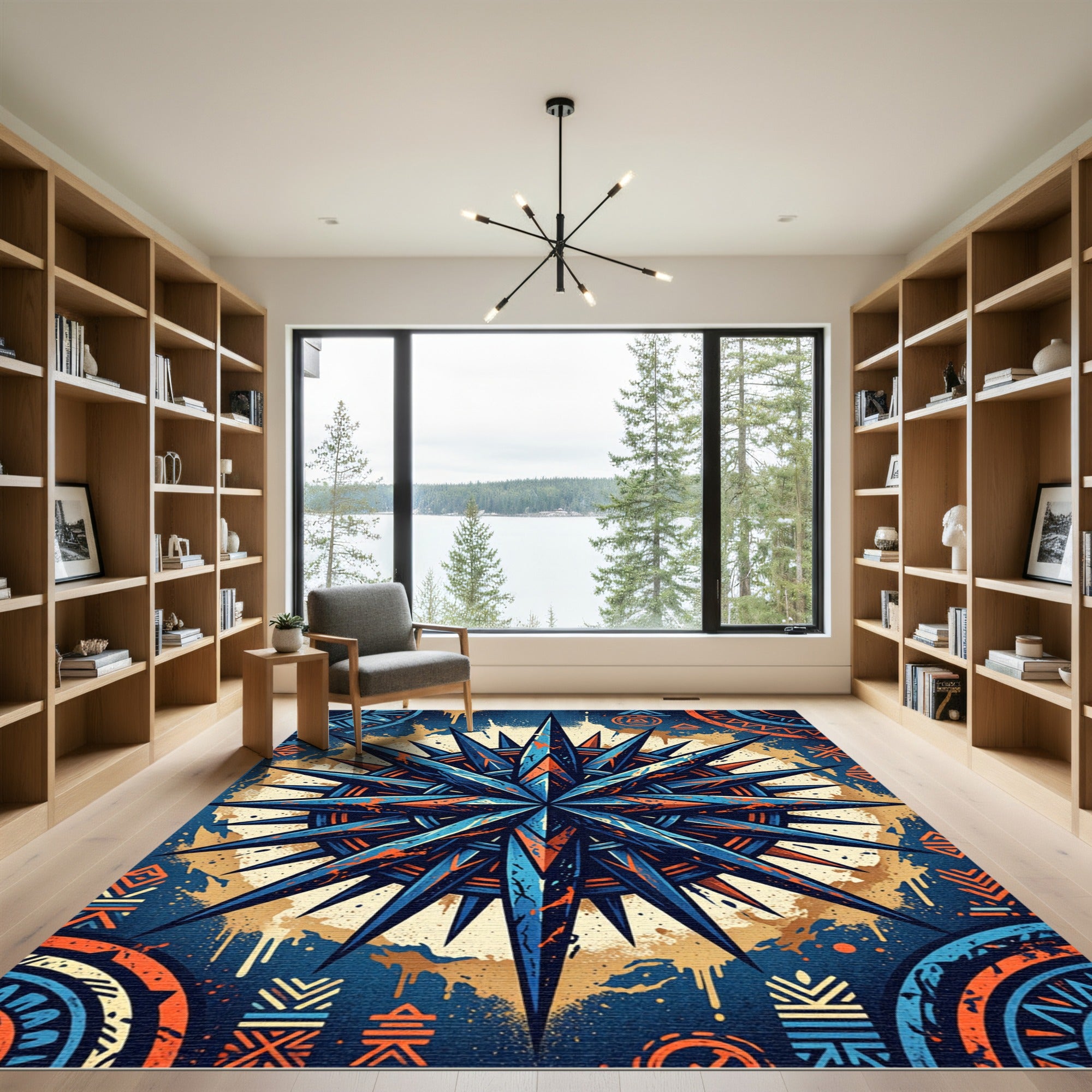 Celestial Navy and Amber Compass Graphic Rug