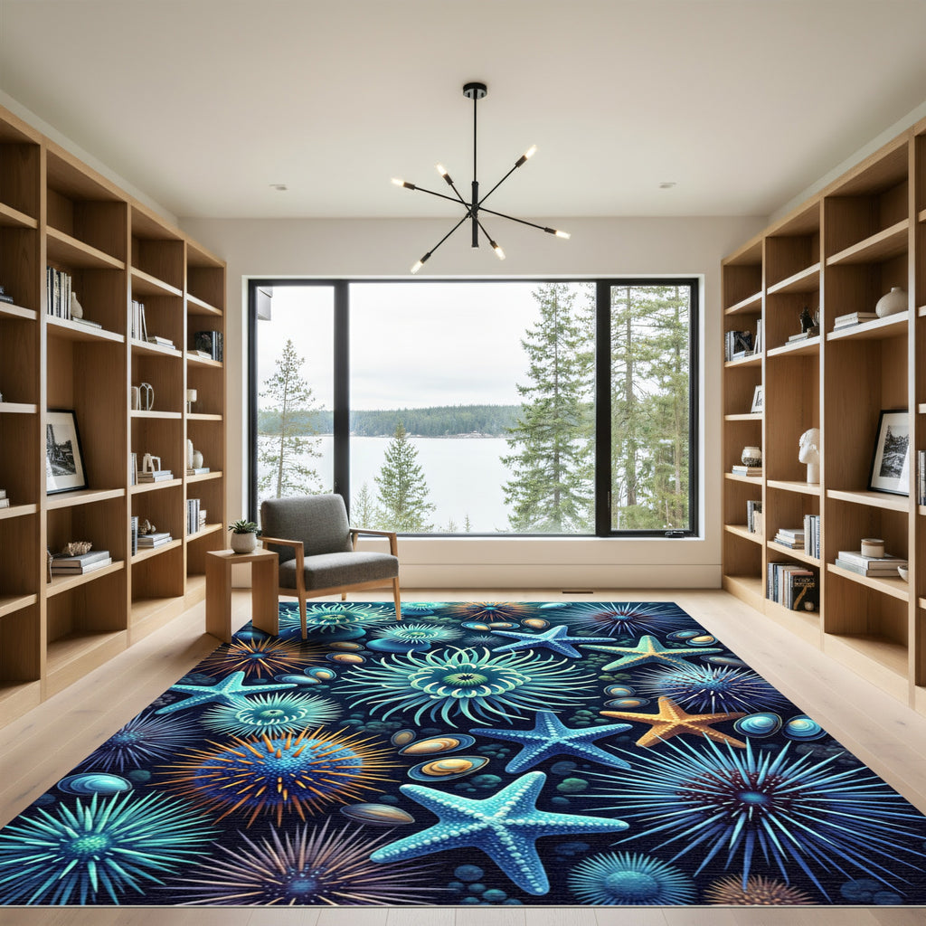 Teal Blue Starfish Sea Urchin Life Rug