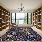 Ornate Purple and Gold Damask Swirl Rug