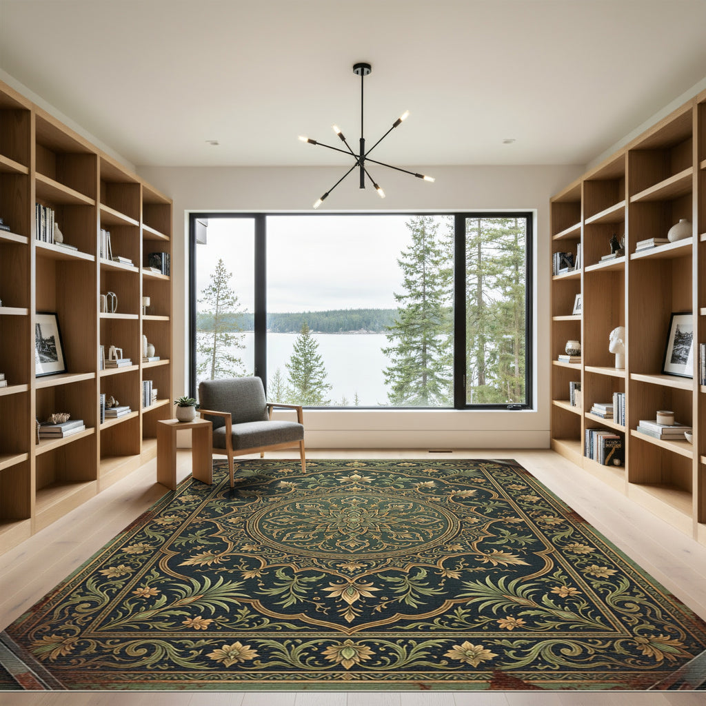 Elegant Emerald Ornate Floral Medallion Rug