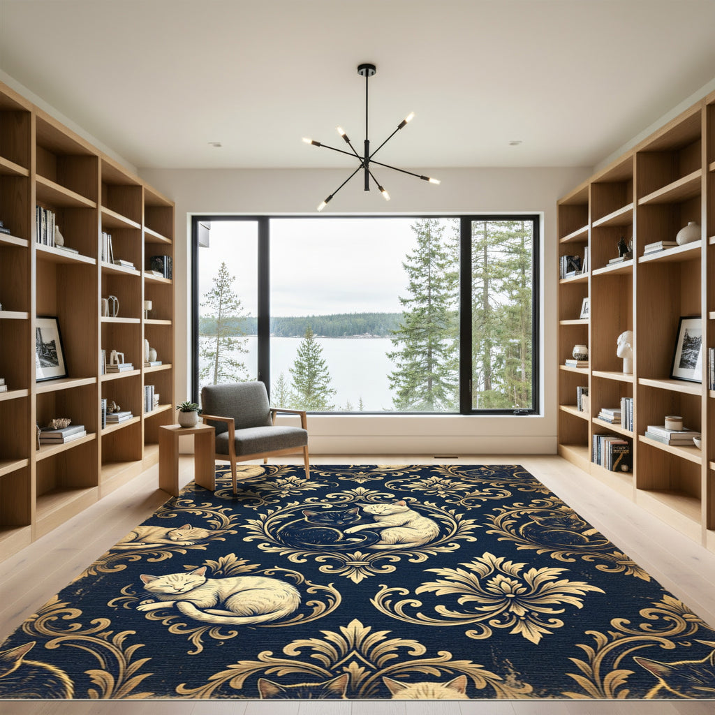 Midnight Blue Sleeping Cats Damask Rug