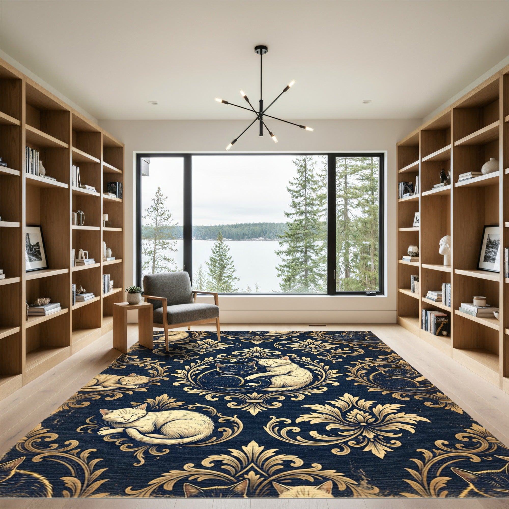 Midnight Blue Sleeping Cats Damask Rug
