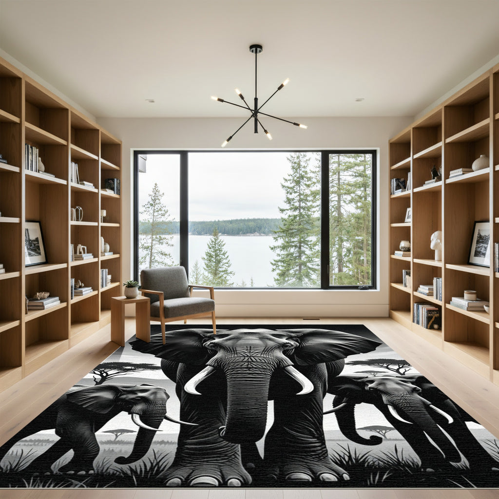 Black and White Majestic Elephant Herd Rug