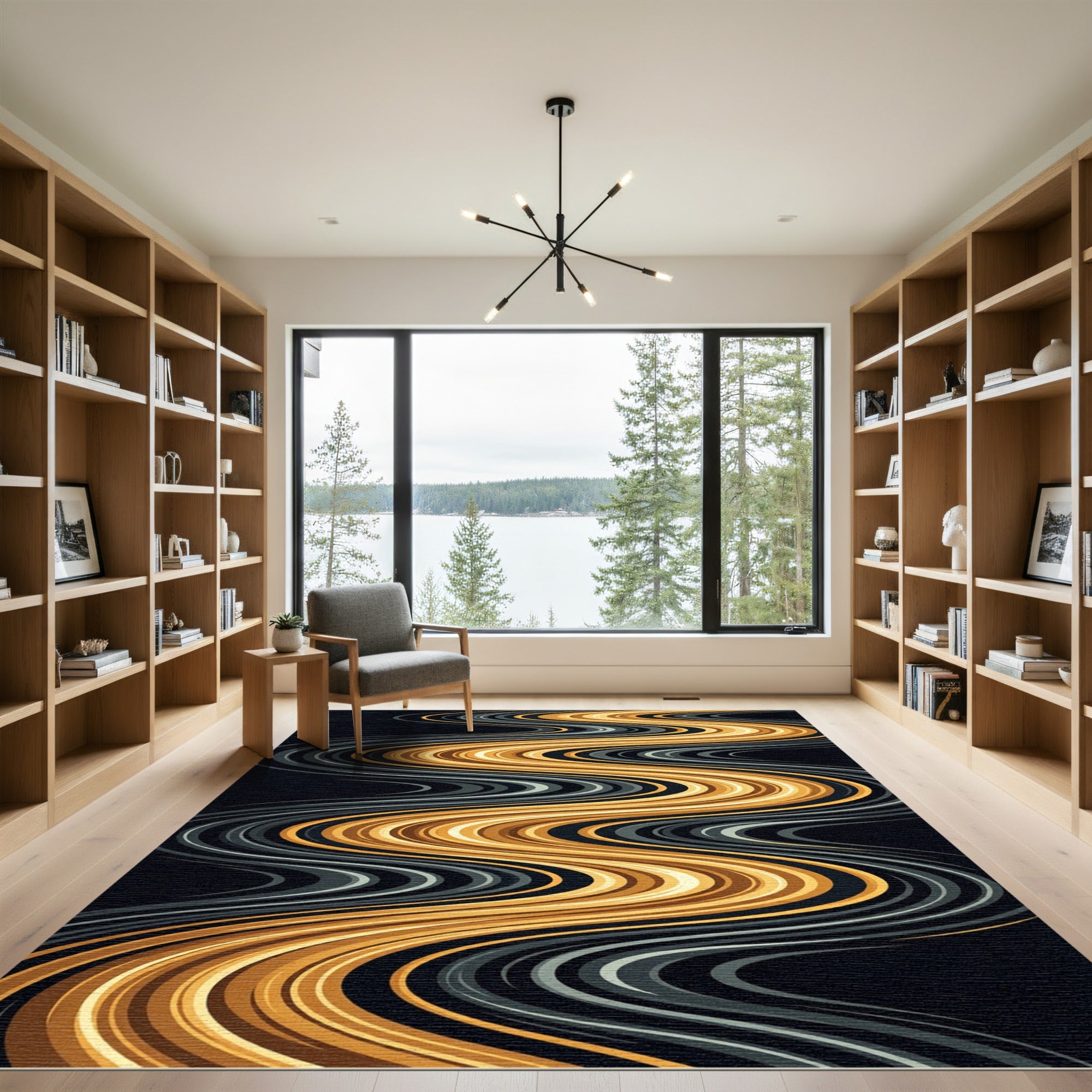 Golden Flowing Curvy Abstract Wave Rug