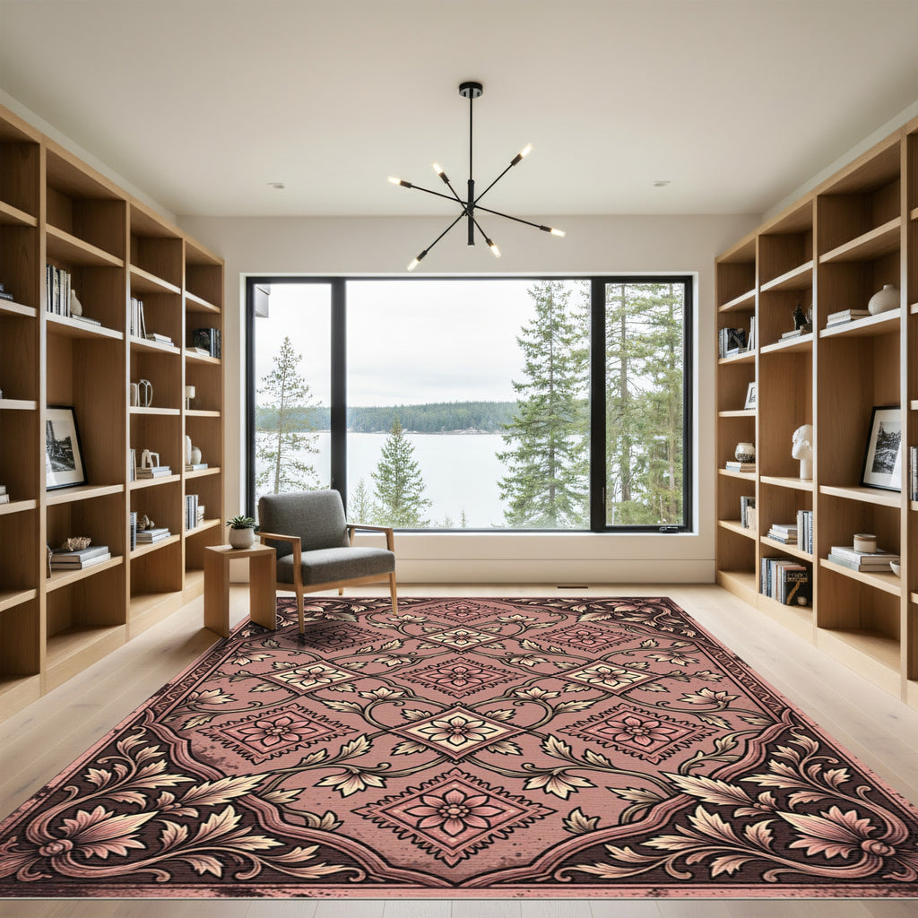 Vintage Dusty Rose Floral Diamond Lattice Rug
