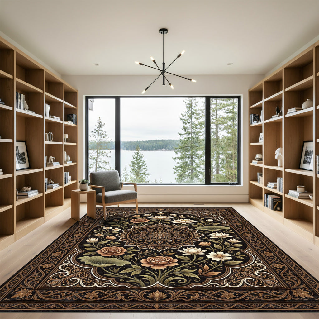 Earthy Floral Lotus Medallion Dark Area Rug